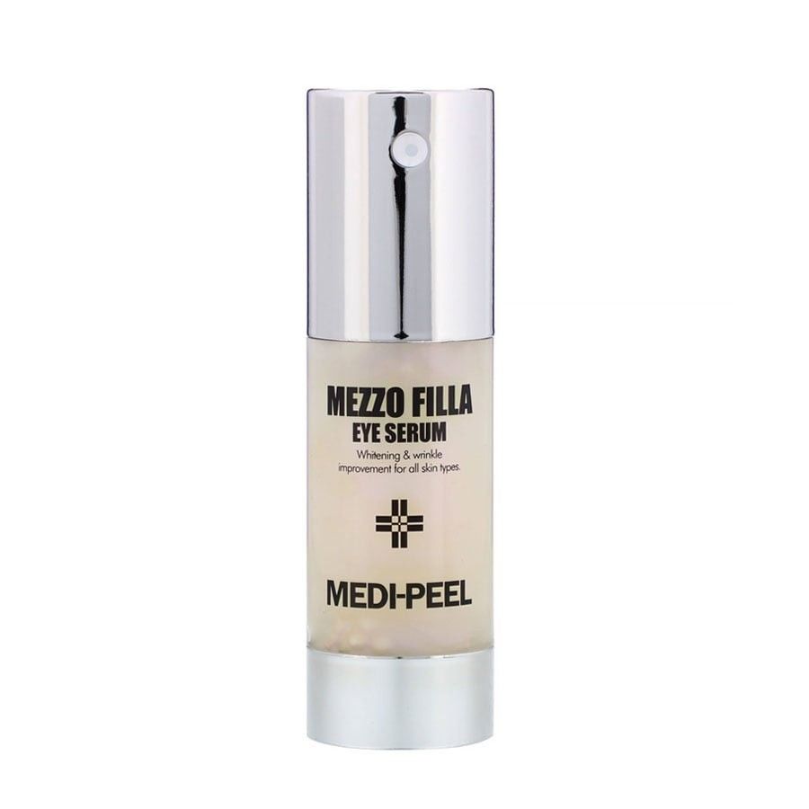 Mezzo Filla Eye Serum von Medi-Peel in einem silbernen Spender mit sichtbarem Inhalt.