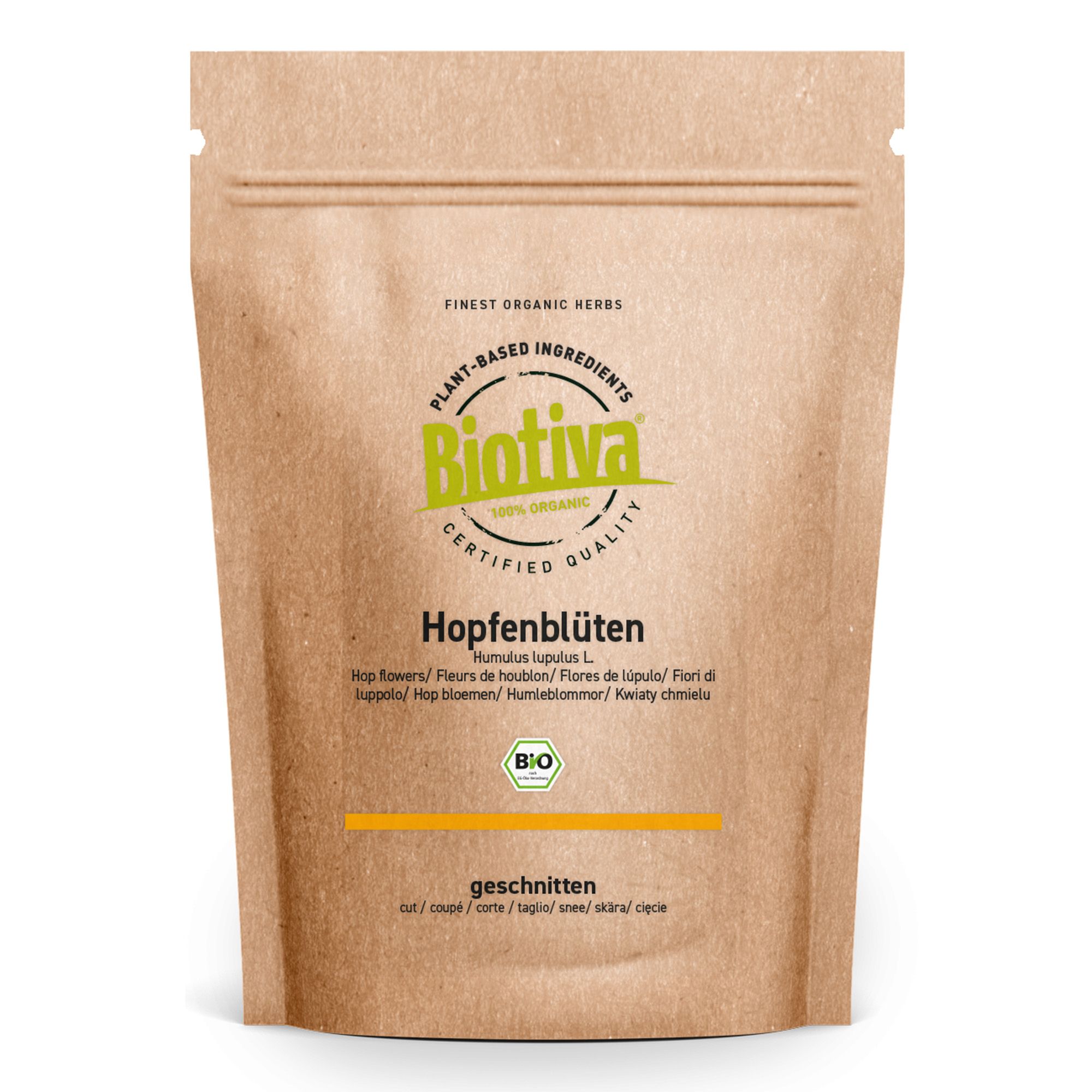 Braune Papierverpackung mit Biotiva-Logo und Aufschrift "Hopfenblüten". Bio-Siegel und gelber Streifen.