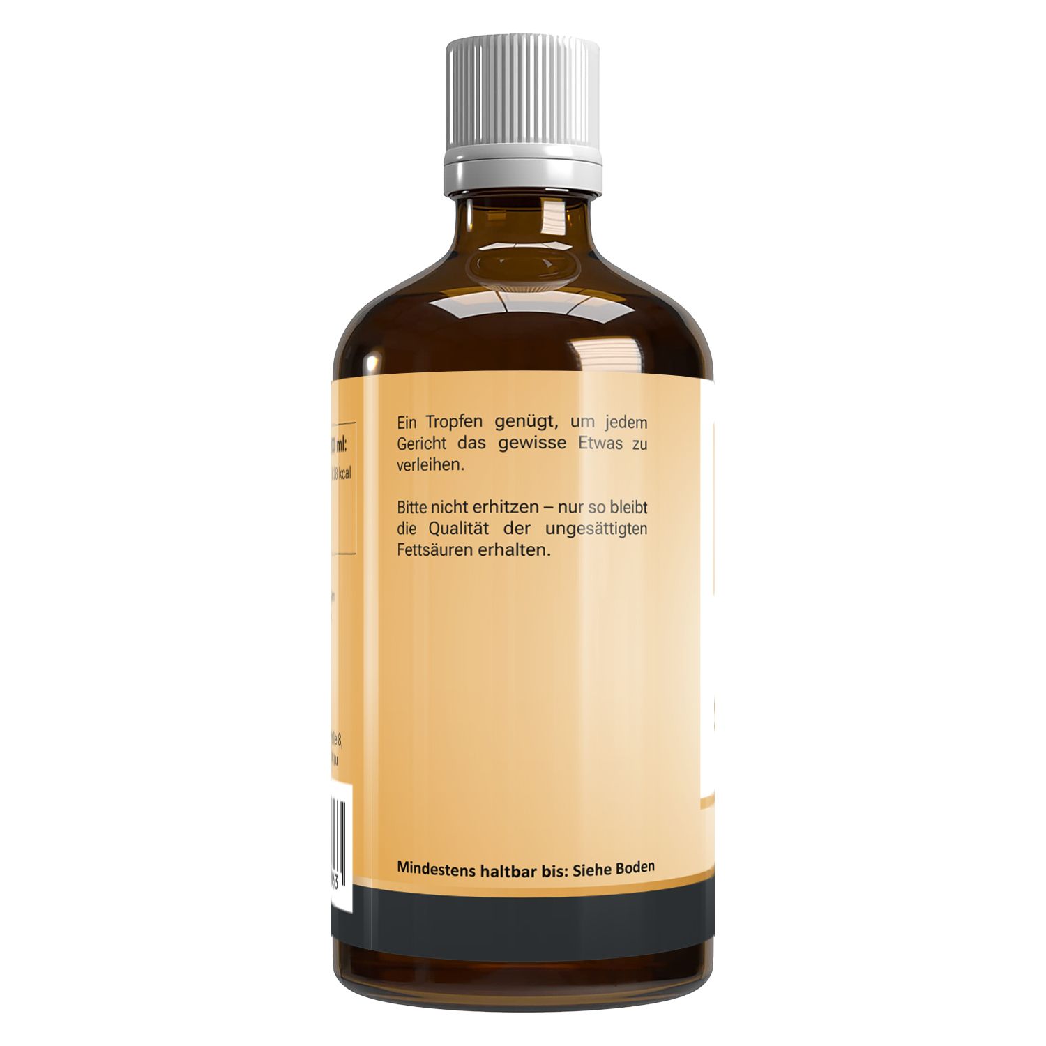 Rückseite der Sesamölflasche. Text: Anwendungshinweise. Mindestens haltbar bis: Siehe Boden.