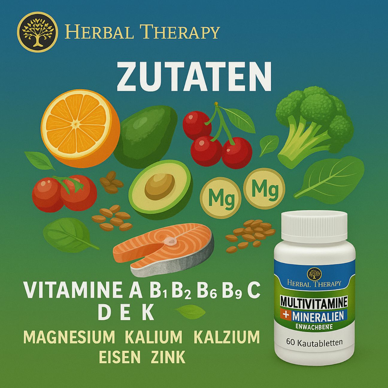 Weiße Flasche mit Schraubverschluss. Aufschrift: Herbal Therapy, Multivitamine + Mineralien Erwachsene. 60 Kautabletten. Abbildung von Obst und Gemüse.