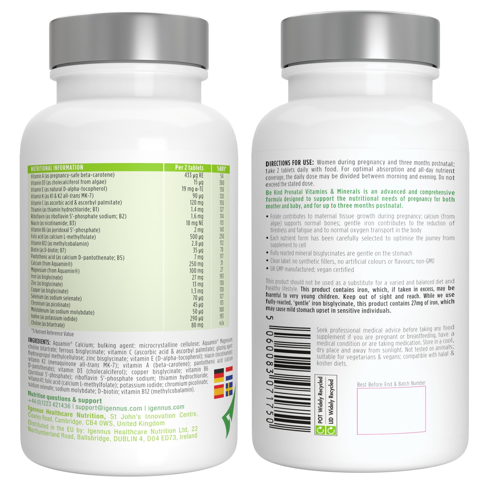 Vorder- und Rückseite einer Flasche Igennus Be Kind Prenatal Vitamine & Mineralstoffe.