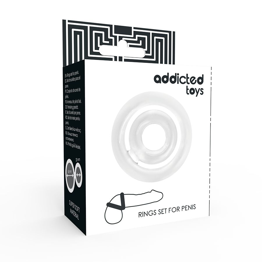 Verpackung mit Produkt und Text 'addicted toys'. Zeigt einen C-Ring-Satz. Enthält eine Abbildung eines Penis mit Ring.