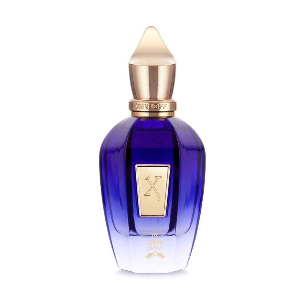 Blaues Xerjoff Comandante Eau de Parfum mit goldener Kappe. Goldfarbenes Logo auf dem Flakon.