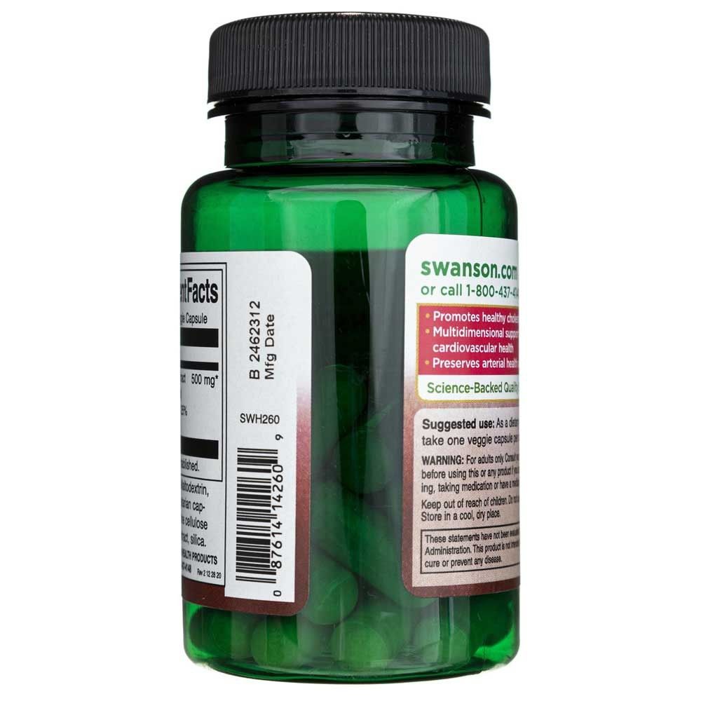 Grüne Flasche mit Kapseln und Etiketten, die Nährwertangaben und Anwendungshinweise enthalten.