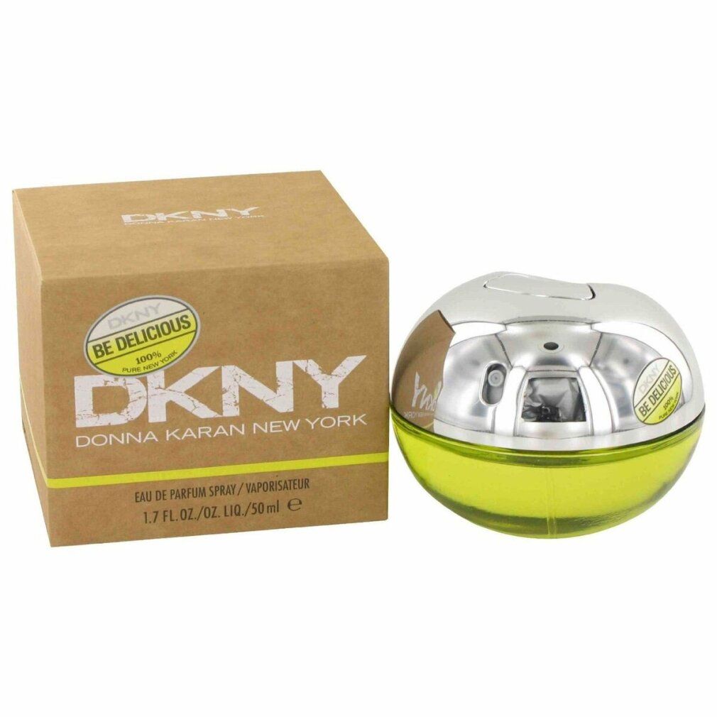 Runder Flakon und Verpackung. Flakon mit silberner Kappe und gelb-grüner Flüssigkeit. Verpackung mit Logo DKNY Be Delicious.