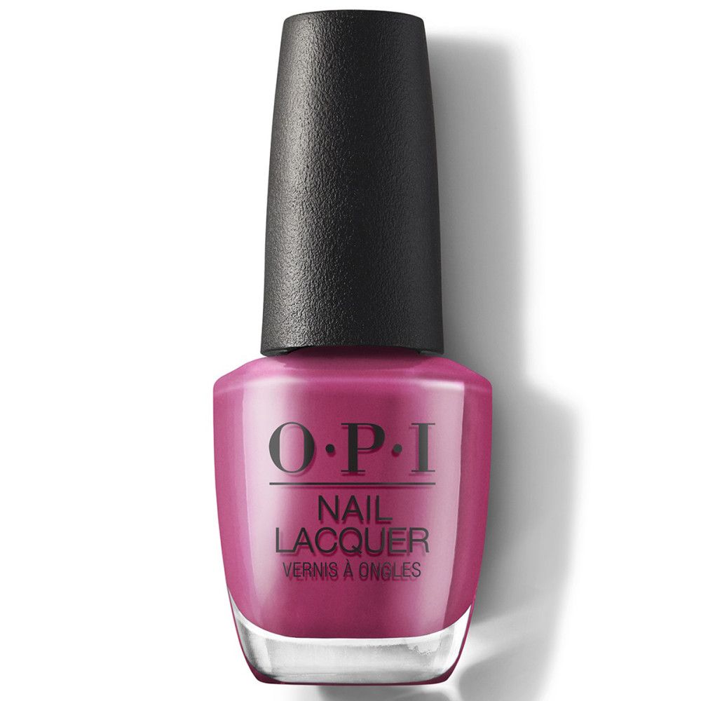 OPI Nagellacke Flasche, pinke Farbe, schwarzer Deckel. Schriftzug: OPI, Nail Lacquer, Vernis à Ongles.