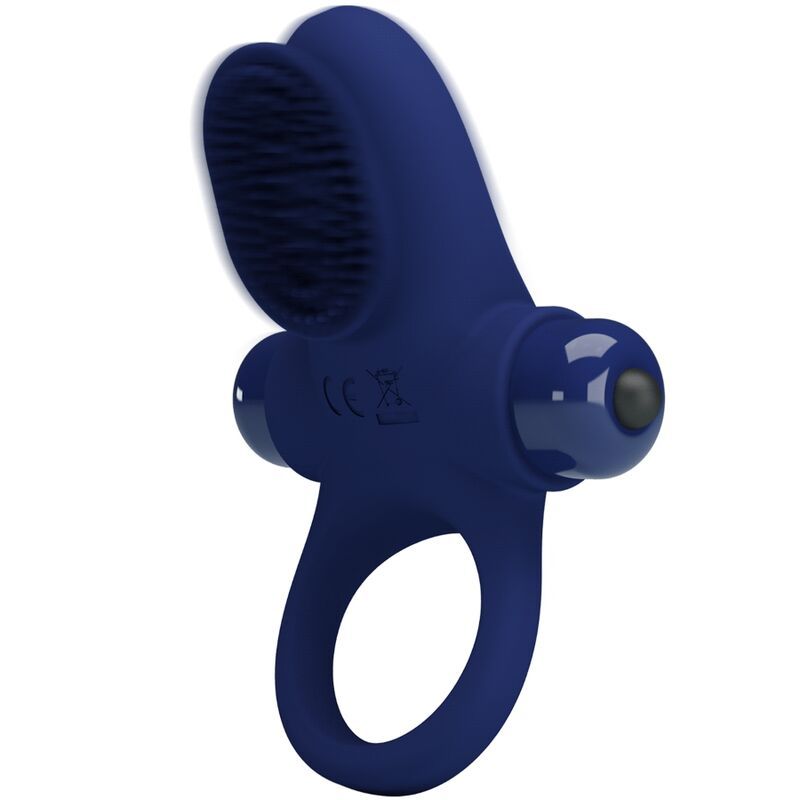 Blauer Penisring mit Vibration. Ringförmige Basis, Aufsatz mit Noppen und zwei seitlichen Elementen. CE-Kennzeichnung.