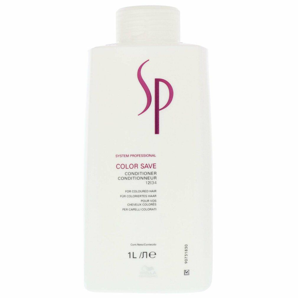 Weiße Flasche mit lila SP-Logo und Text: Color Save Conditioner. 1L-Flasche für coloriertes Haar.