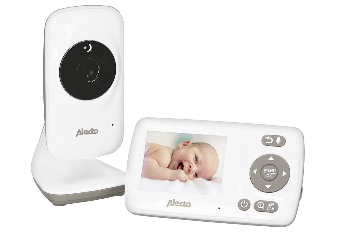 Babyphone-Kameraeinheit. Weiß mit Alecto-Logo und integriertem Ständer.