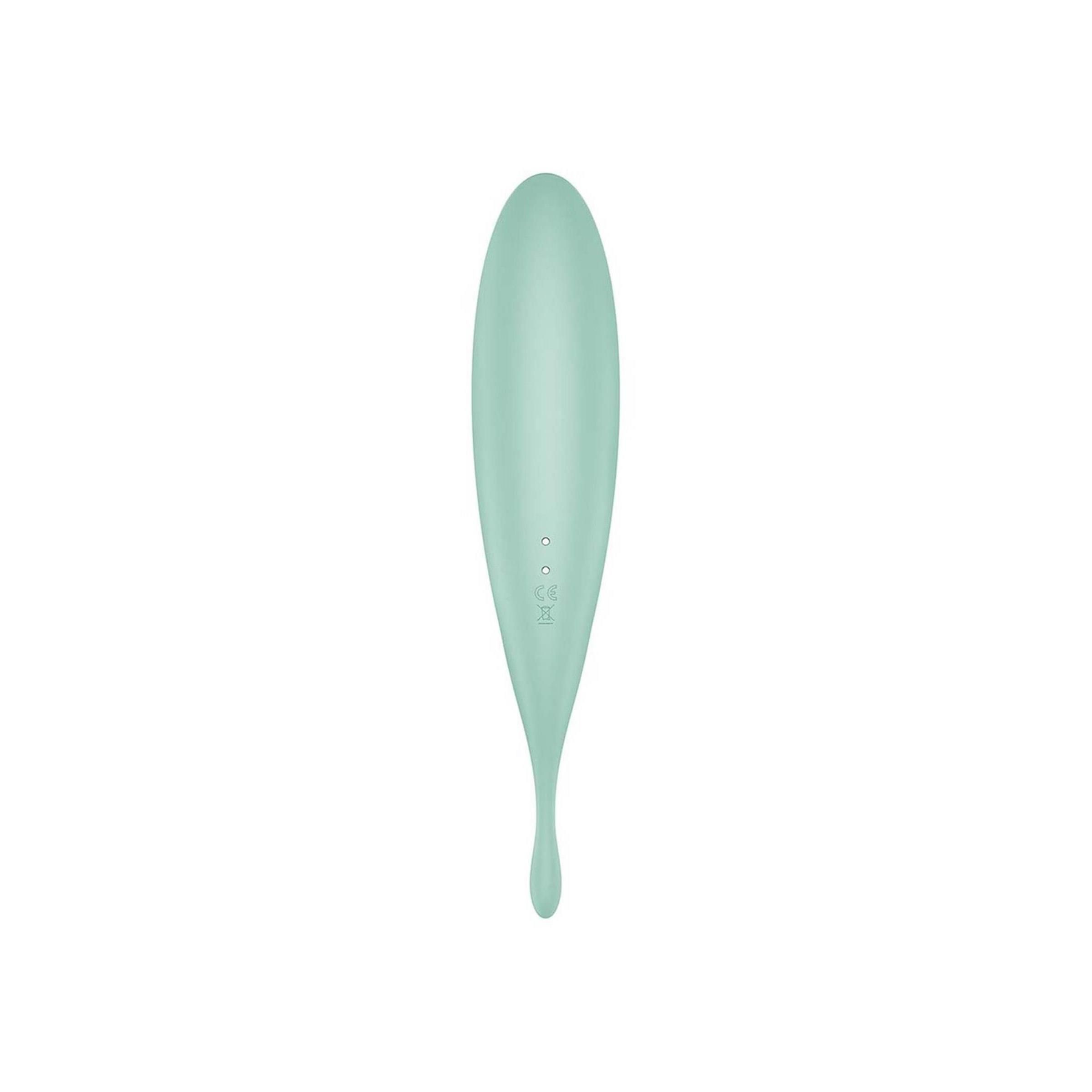 Mintfarbener Vibrator. Längliche Form mit abgerundetem Kopf und Tropfenende. SF-Logo.