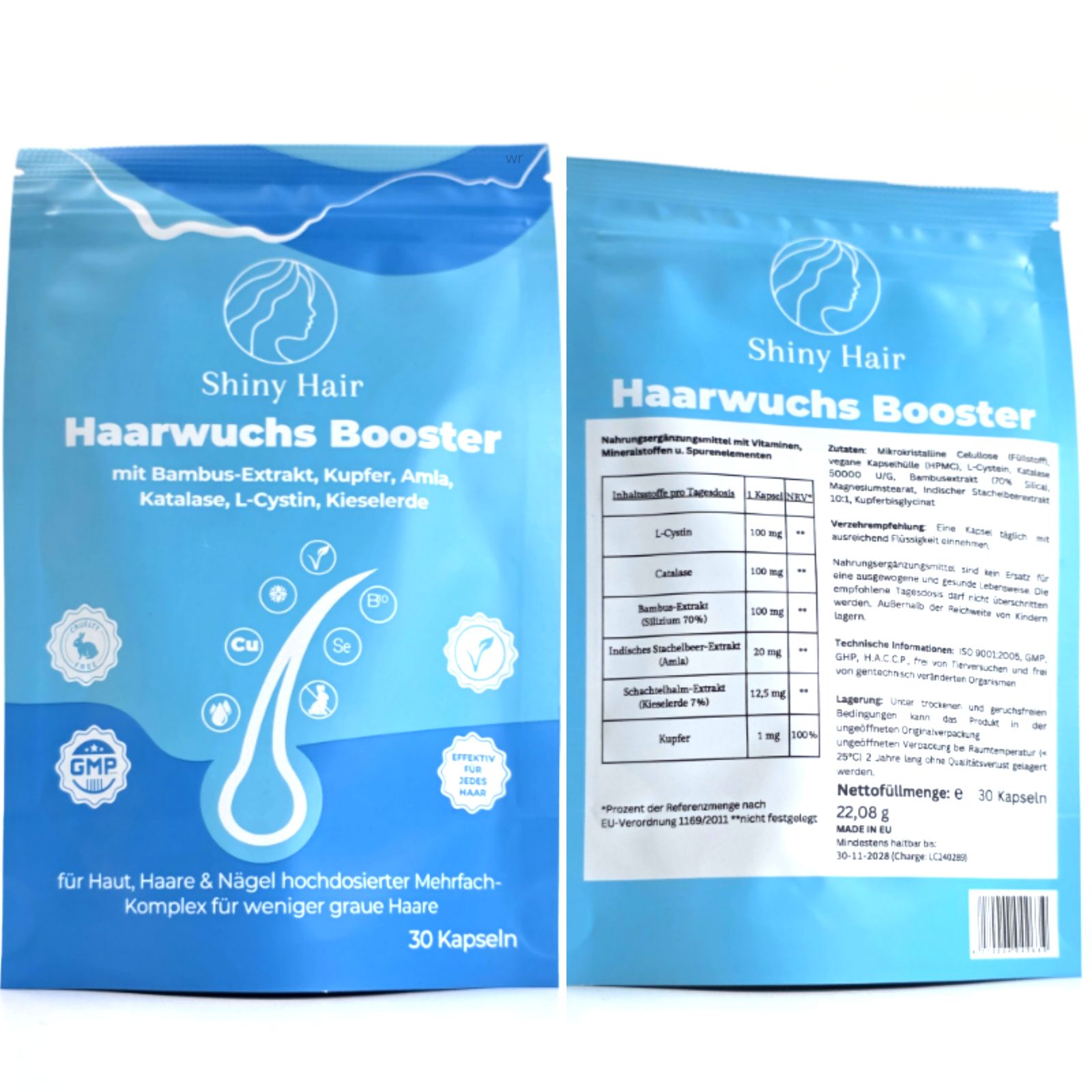 Vorder- und Rückseite der blauen Verpackung Shiny Hair Haarwuchs Booster. 30 Kapseln. GMP-Siegel.