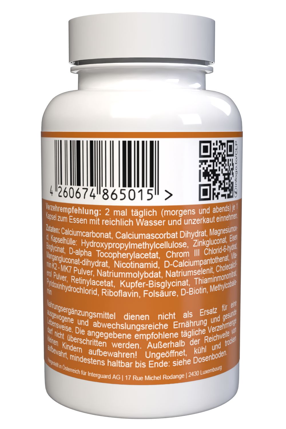 Weiße Kapsel-Dose mit braunem Etikett. Barcode und QR-Code. Text: Zutaten, Verzehrempfehlung, Nährwertangaben. Herstelleradresse.