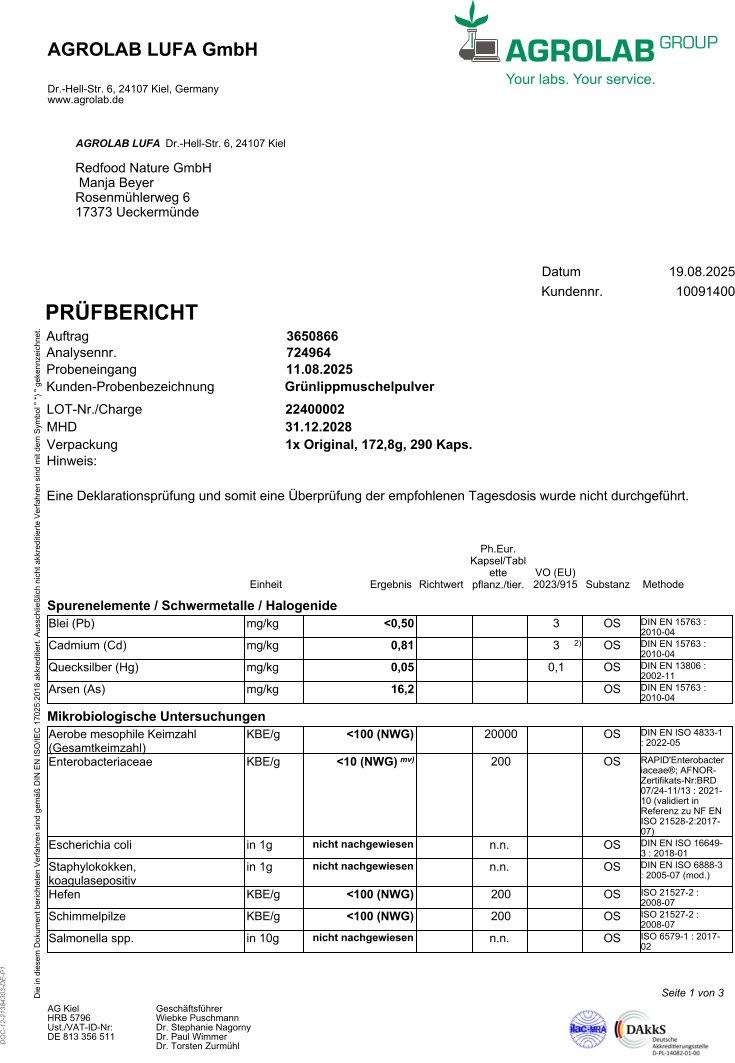 Prüfbericht von Agrolab LUFA GmbH. Angaben zu Analyse, Probenbezeichnung, Chargennummer, MHD. Tabelle mit Spurenelementen und mikrobiologischen Untersuchungen.