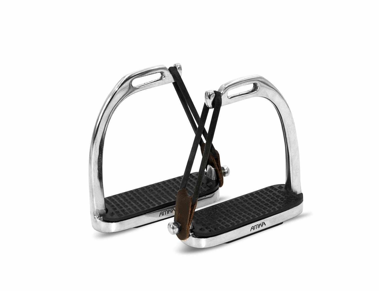 Zwei Sicherheitssteigbügel nebeneinander. Metall, schwarz und braun.