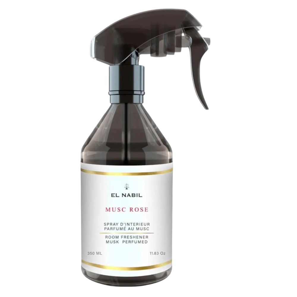 Sprühflasche mit schwarzem Sprühkopf. Etikett mit "EL NABIL", "MUSC ROSE", "ROOM FRESHENER". Volumenangabe: 350 ml.