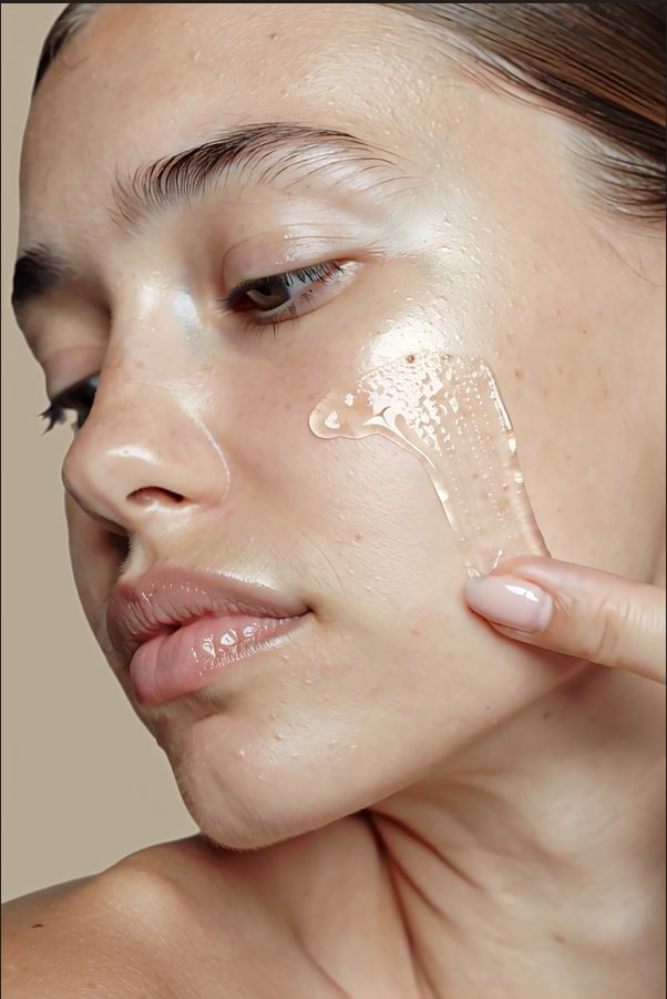 Person trägt transparentes Serum auf die Haut auf. Gesicht im Fokus.