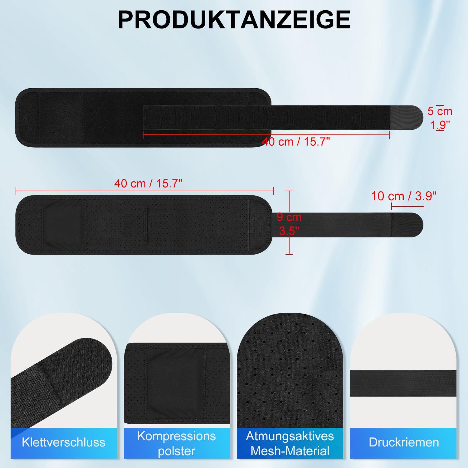 Schwarze Ellbogenbandage mit Kompressionspolster und atmungsaktivem Mesh-Material.