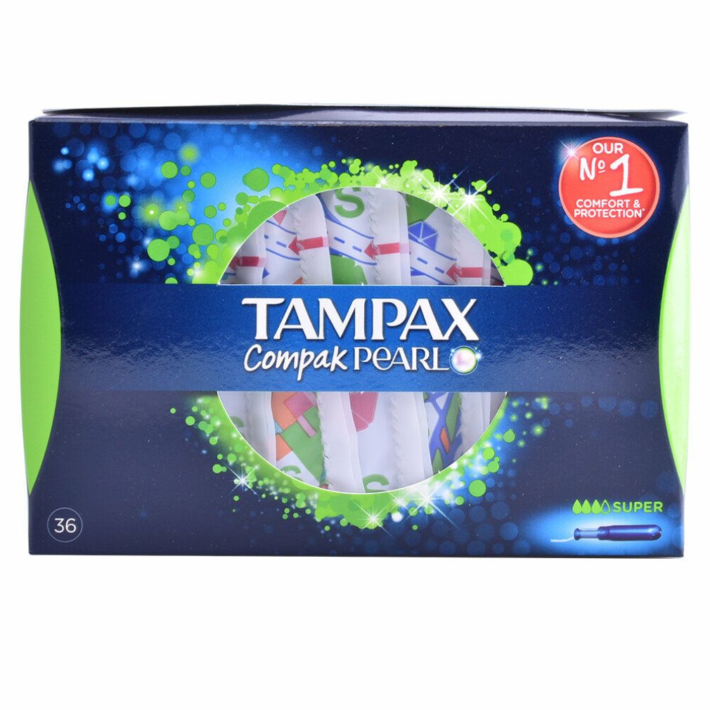 Tampax Compak Pearl Super, 36 Stück. Verpackung mit Tampons. Blaue Verpackung mit grünen Akzenten und Produktlogo.