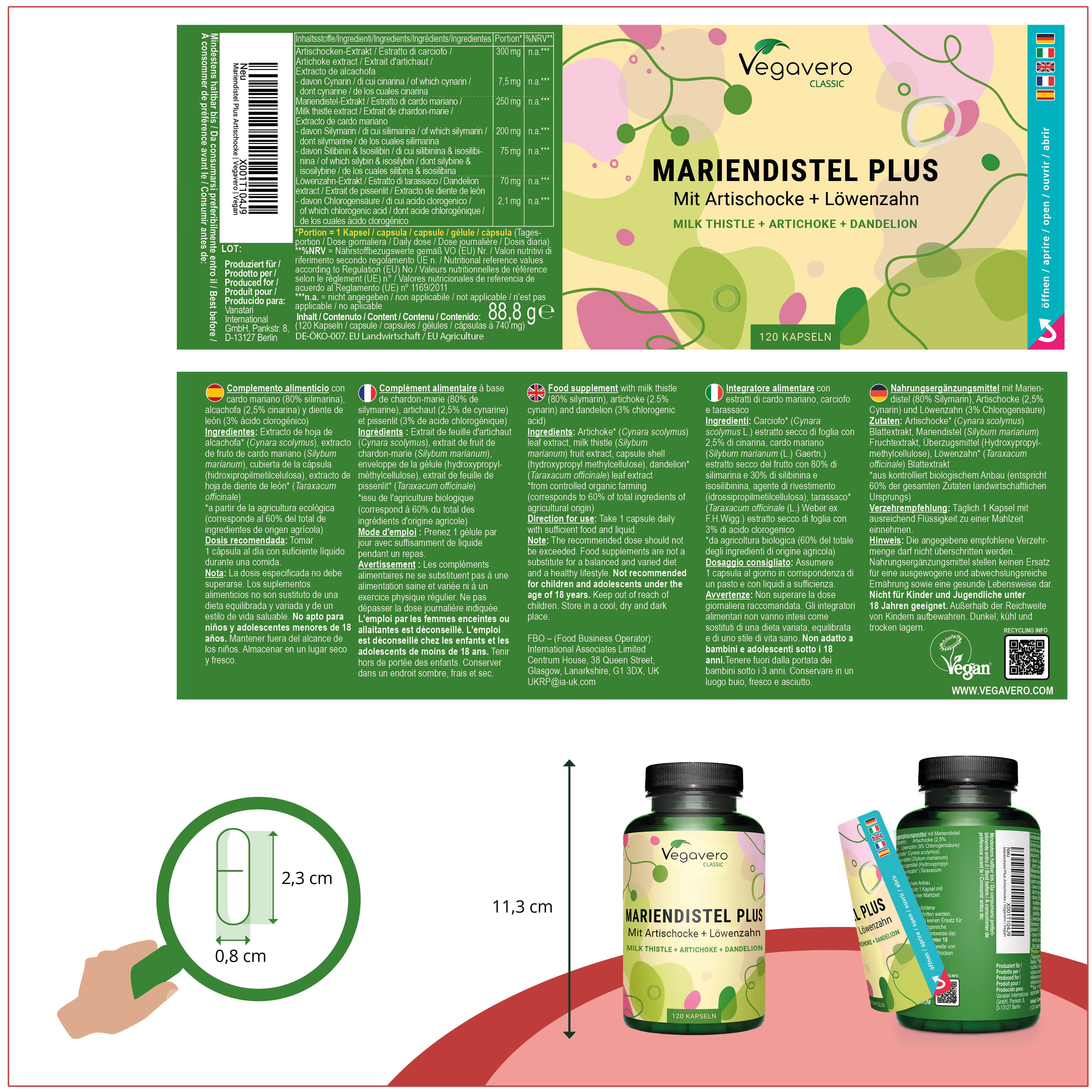 Produktverpackung mit Flasche und Kapsel-Abbildung. Aufschrift: Mariendistel Plus. Maße: 11,3 cm hoch, 2,3 x 0,8 cm Kapsel.