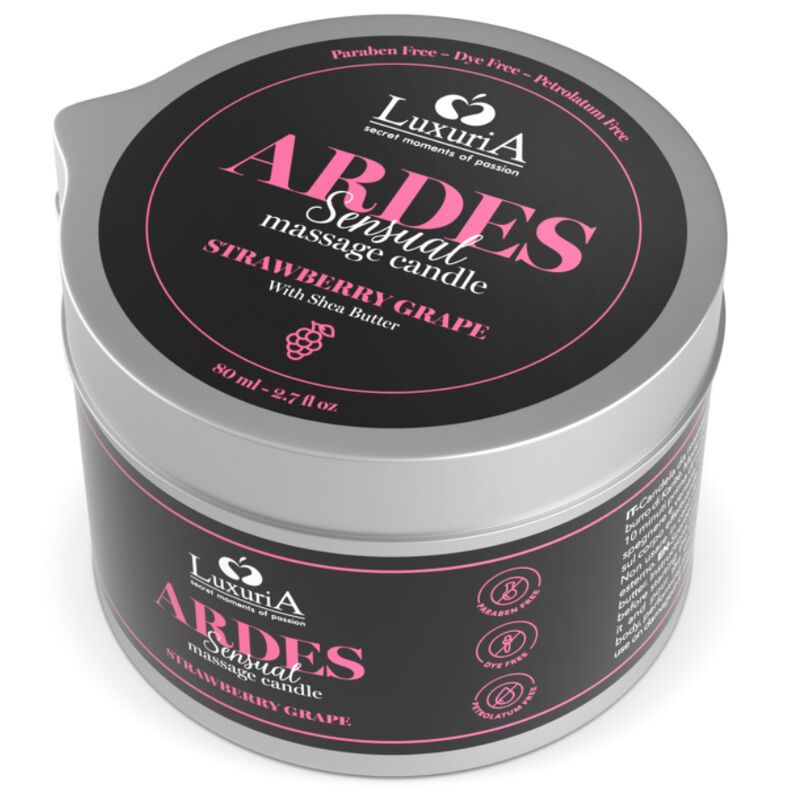 Silberne Dose mit schwarzem Etikett. Aufschrift: ARDES Sensual massage candle, Erdbeere-Traube. Deckel oben.