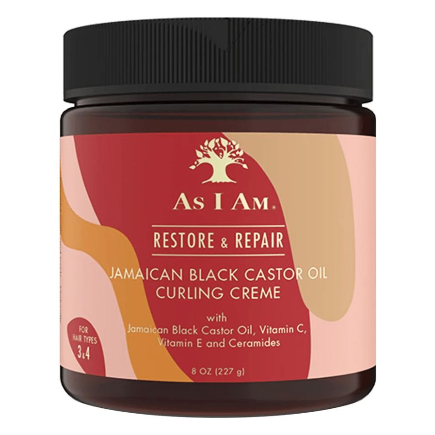 Runde Dose mit schwarzem Deckel. Aufschrift: As I Am, Restore & Repair, Jamaican Black Castor Oil Curling Creme. Für Haartypen 3,4.