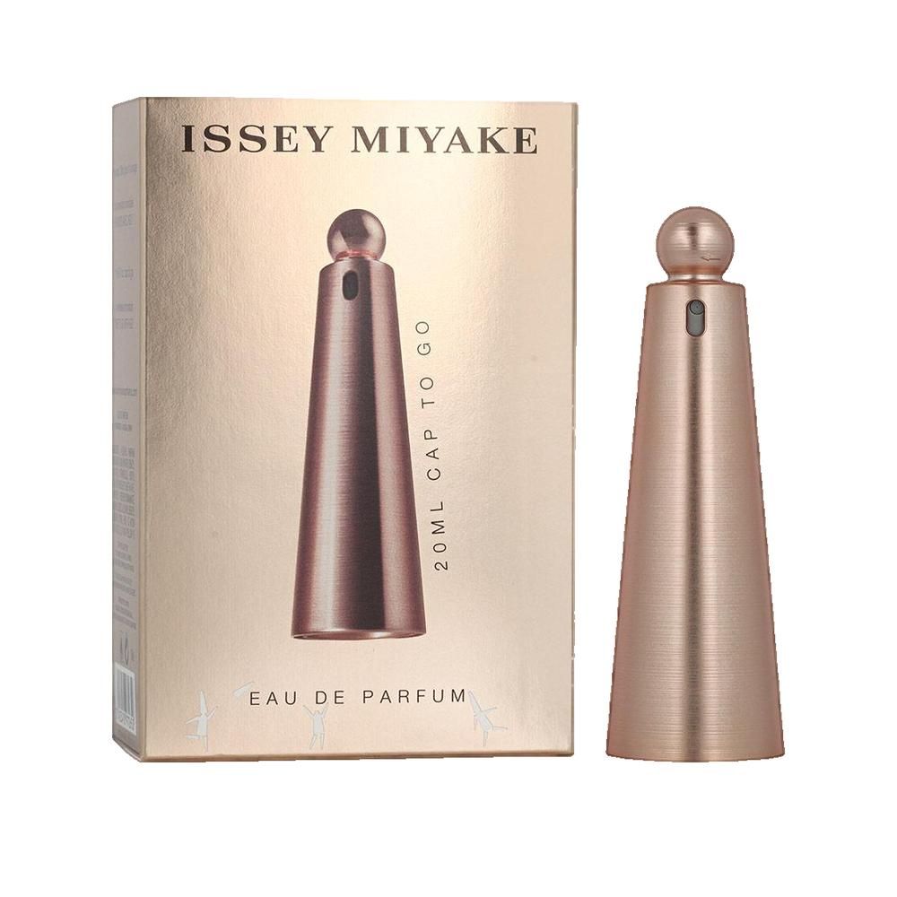 Produktverpackung und Flakon. Aufschrift 'Issey Miyake'. Flakon: konisch, rosafarben. Verpackung: goldfarben, Text.