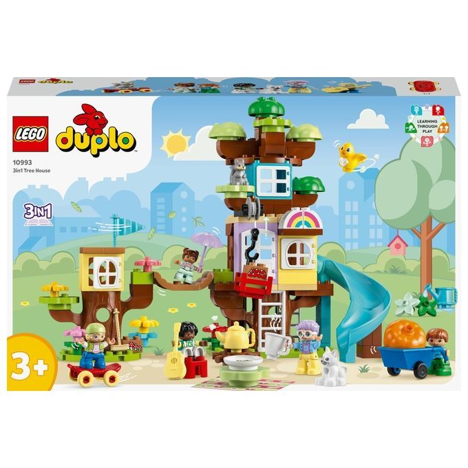 LEGO Duplo 3-in-1-Baumhaus-Set. Enthält Figuren, Rutsche, Baumhaus, Zubehör. Verpackung mit Logo, Altersempfehlung 3+.