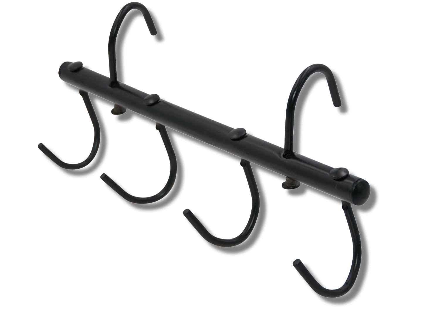 Schwarze Hängevorrichtung mit 5 Haken. Metallkonstruktion mit abgerundeten Haken.