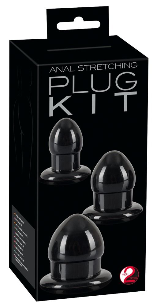 Schwarzes Anal-Stretching-Plug-Kit. Drei kegelförmige Plugs in einer schwarzen Box verpackt.