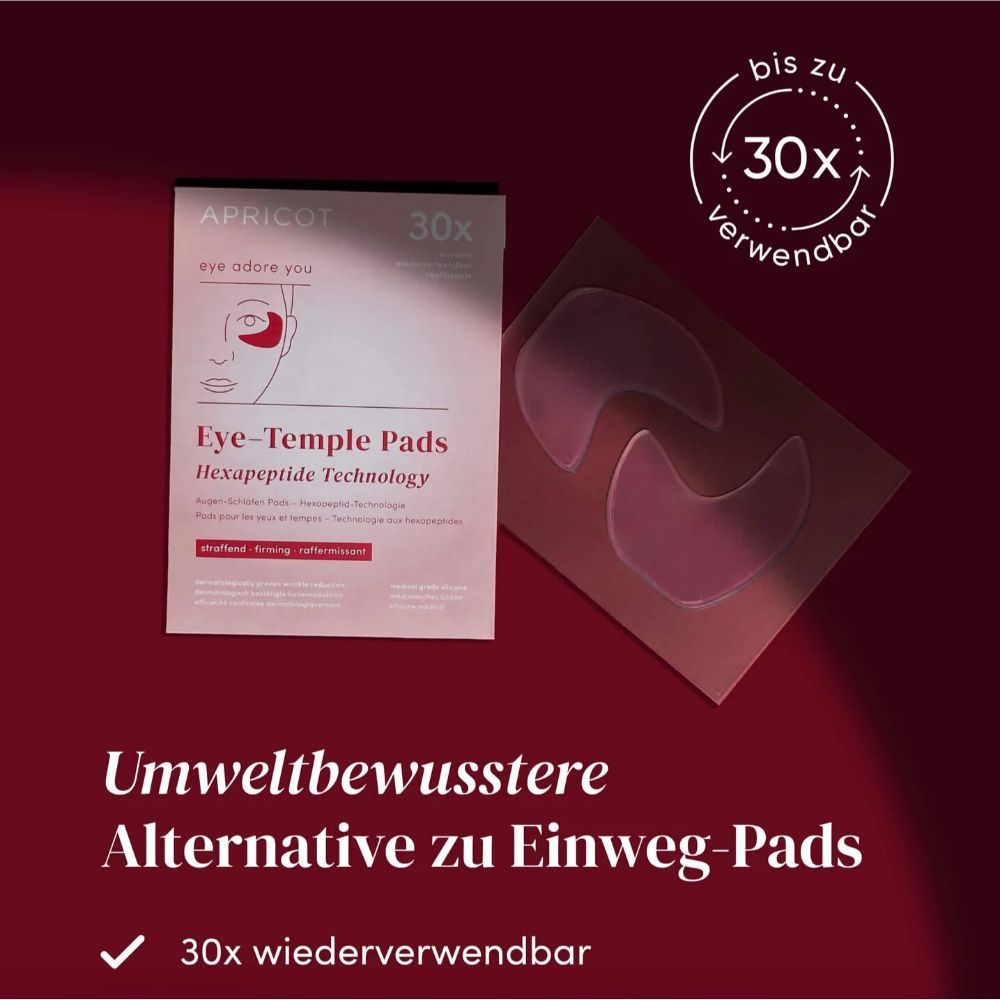 Verpackung mit APRICOT Eye-Temple Pads. Text: 30x wiederverwendbar. Umweltbewusste Alternative zu Einweg-Pads.