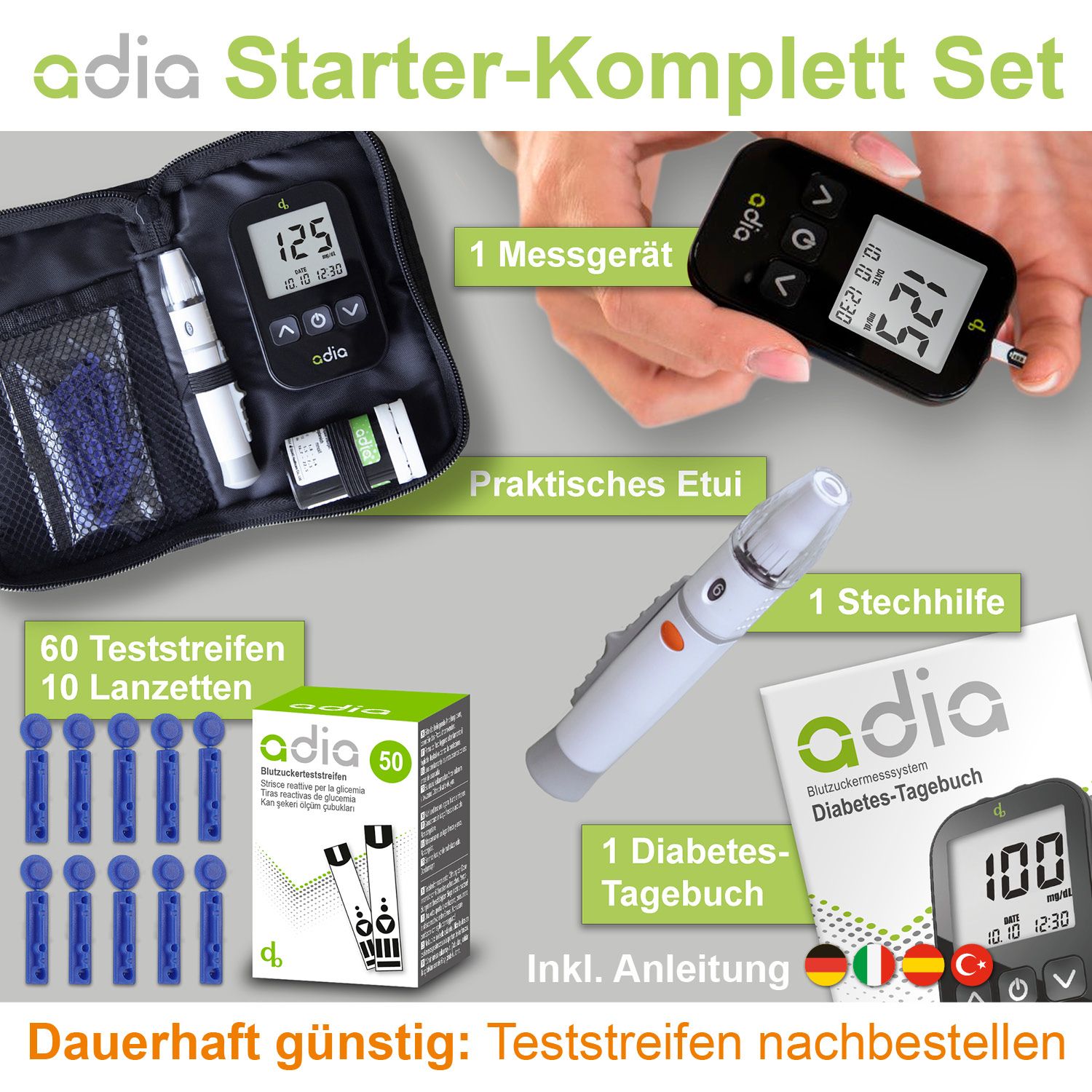 adia Diabetes-Set, mg/dl mit 60 Blutzuckerteststreifen, Stechhilfe, Lanzetten