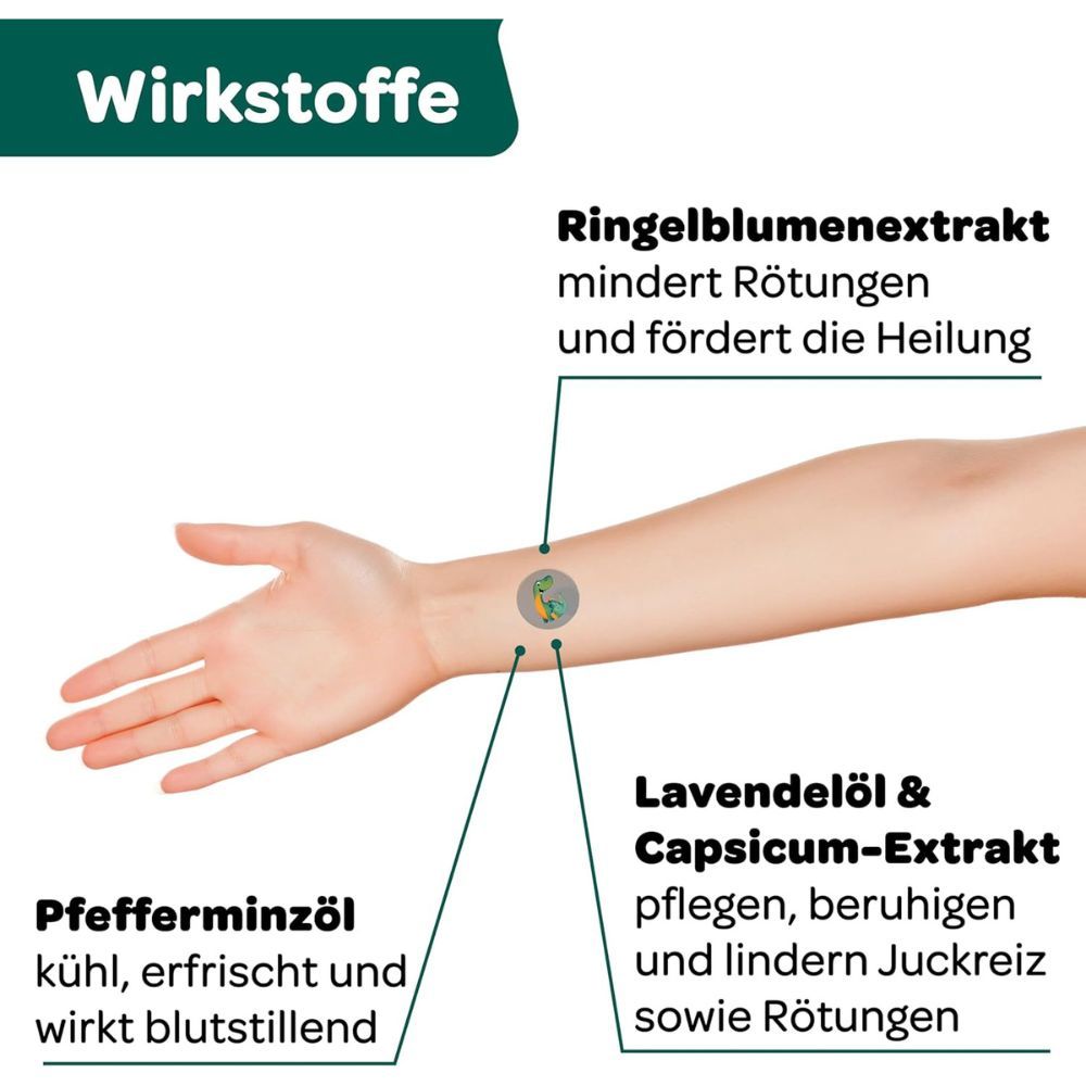 Arm mit Mückenpflaster. Text: Ringelblumenextrakt, Lavendelöl & Capsicum-Extrakt, Pfefferminzöl.