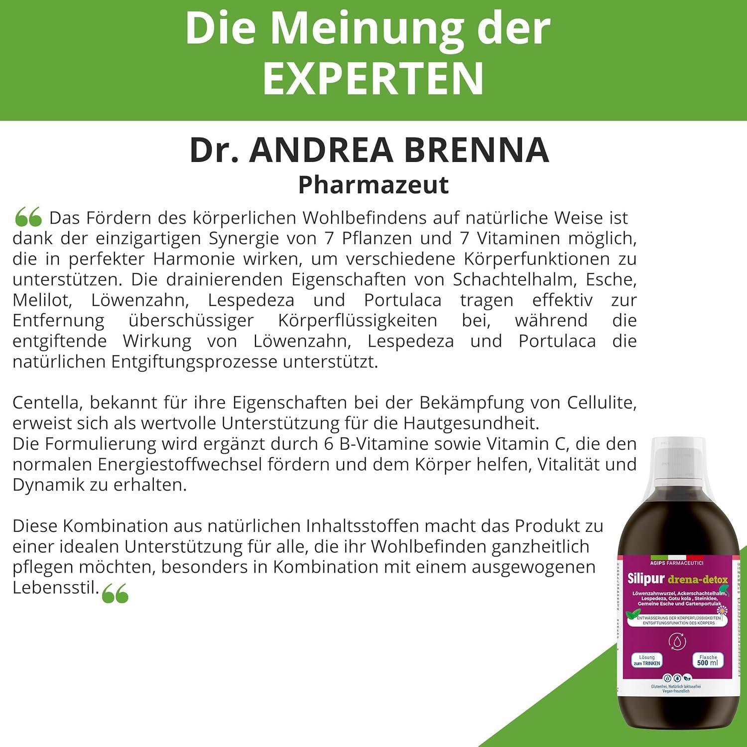 Text von Dr. Andrea Brenna, Pharmazeut. Zitat über die Vorteile des Produkts. Produktflasche im Hintergrund.