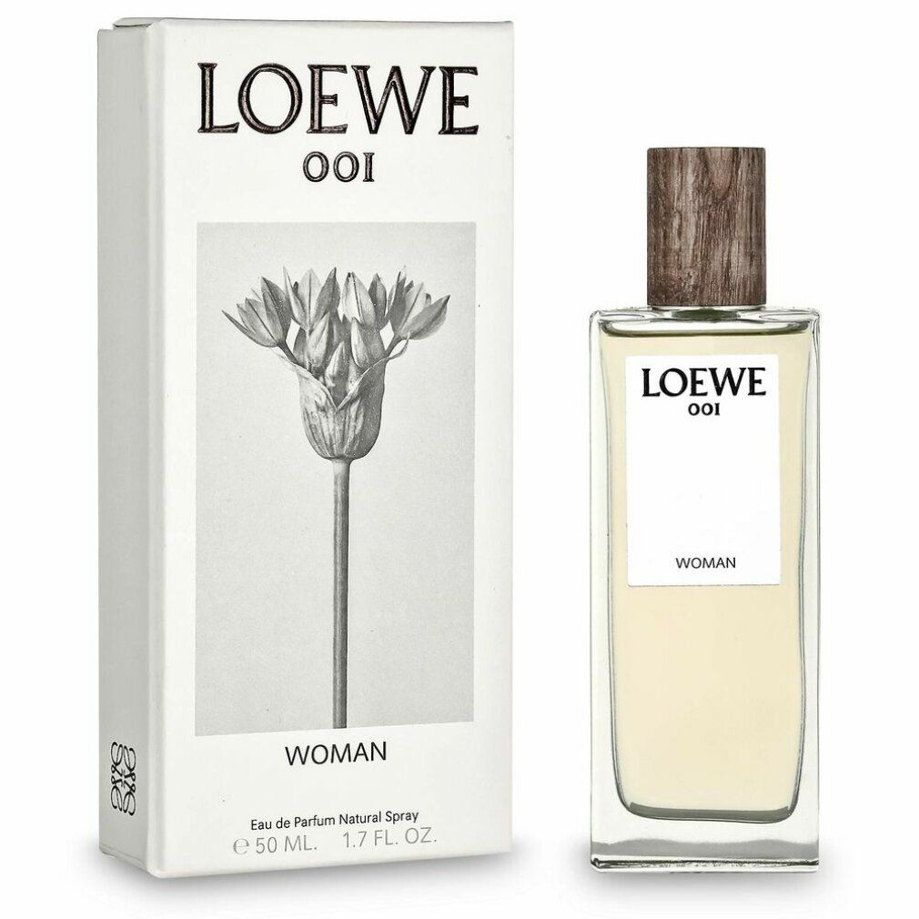 Loewe 001 Woman Edp Spray und Verpackung. Flakon neben weißer Schachtel mit floralem Motiv und Schriftzug.