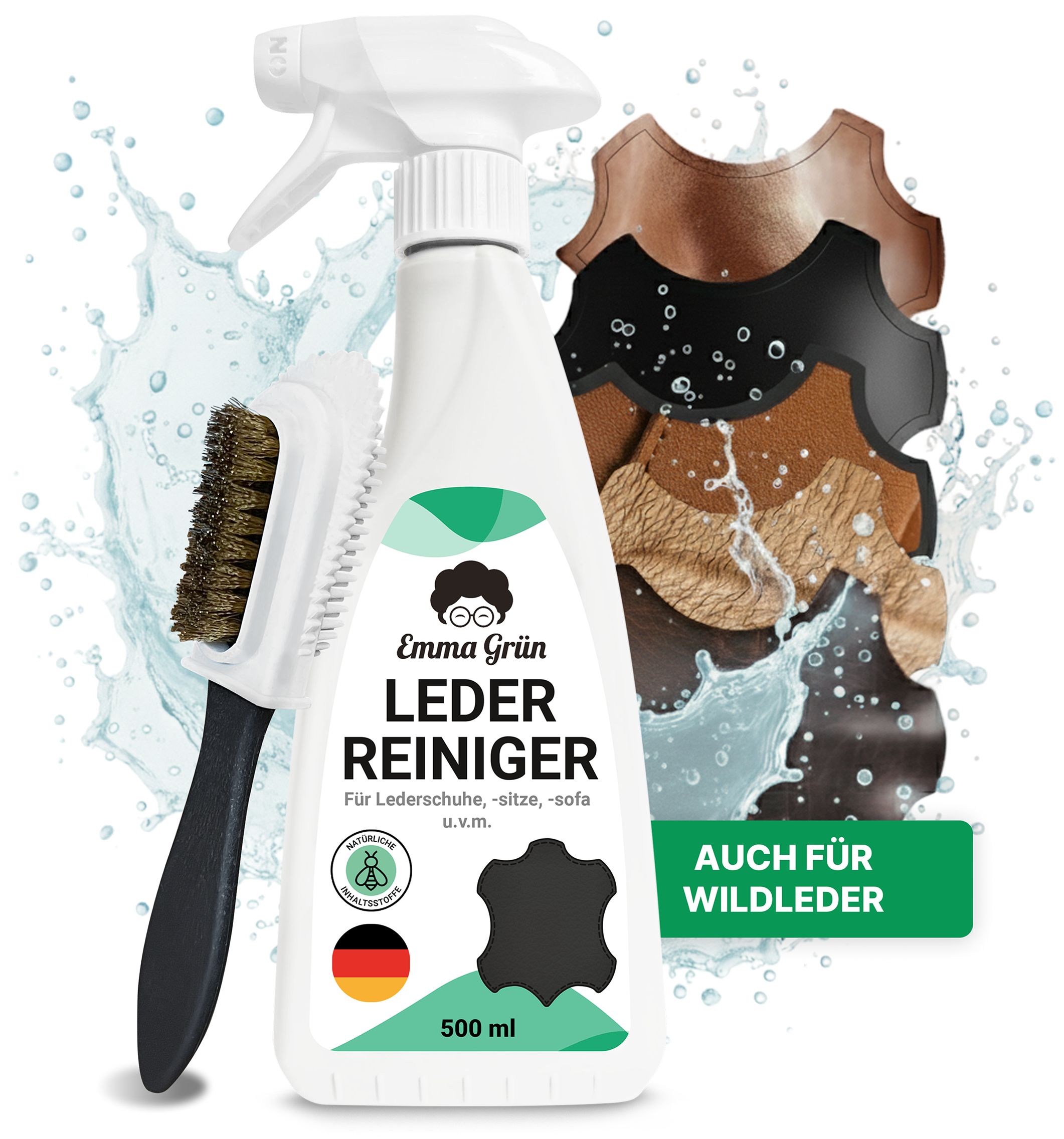 Reiniger mit Bürste. Flasche mit Sprühkopf, Bürste mit schwarzem Griff. Für Leder, auch Wildleder. Grün-weißes Etikett.