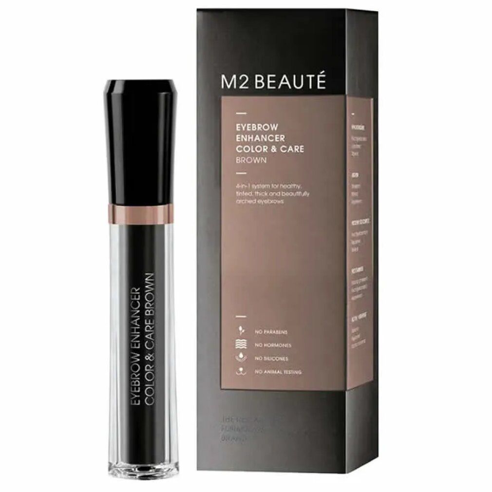 M2 Beauté Eyebrow Enhancer, braun, mit Verpackung. Schwarze Flasche mit schwarzem Deckel und brauner Schrift. Schwarze Verpackung.