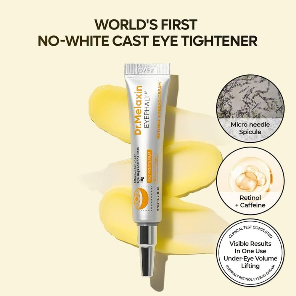 Dr. Melaxin Retinol Augenpflegecreme Tube mit Infografiken zu Inhaltsstoffen.
