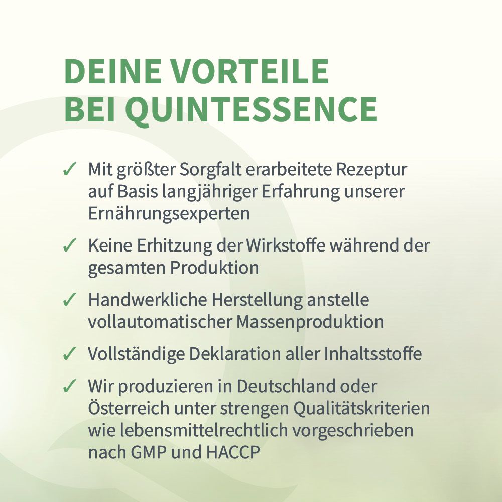 Text auf grünem Hintergrund: "DEINE VORTEILE BEI QUINTESSENCE". Aufzählung von Vorteilen, wie sorgfältige Rezeptur und keine Erhitzung.