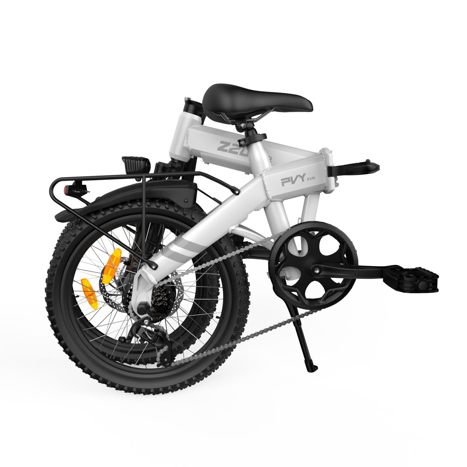 Gefaltetes E-Bike, weiß mit schwarzen Elementen. Z20-Logo, PVY-Logo, Gepäckträger, Scheinwerfer, Schutzbleche.