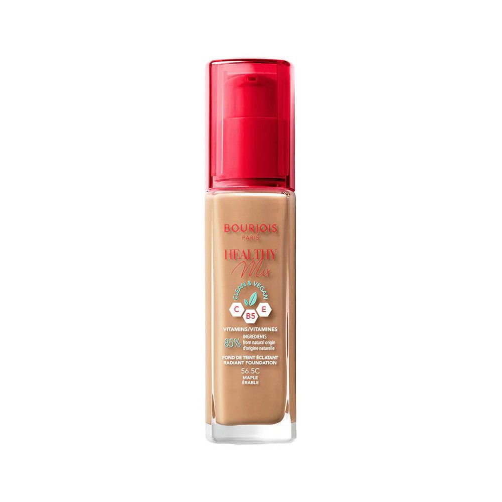 Foundation-Flakon mit rotem Pumpverschluss. Aufschrift: Bourjois Healthy Mix. Enthält Vitamine C, E, B5. Farbton 56.5C.