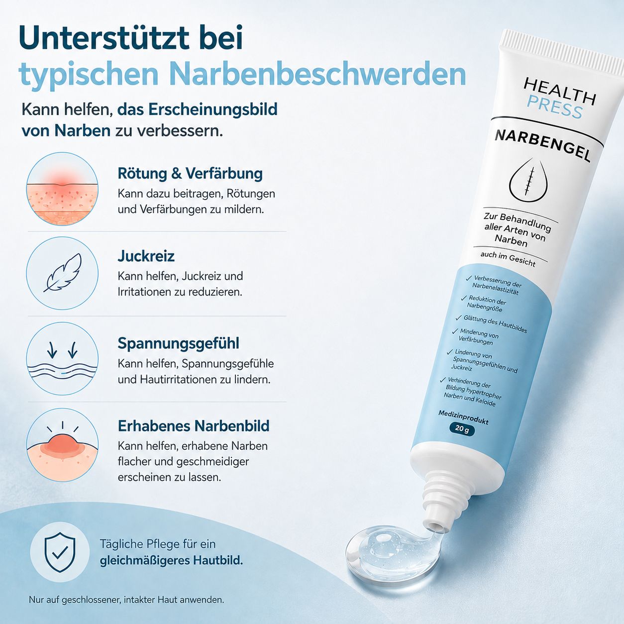 Health Press Narbengel lindert typische Narbenbeschwerden wie Rötung und Juckreiz.