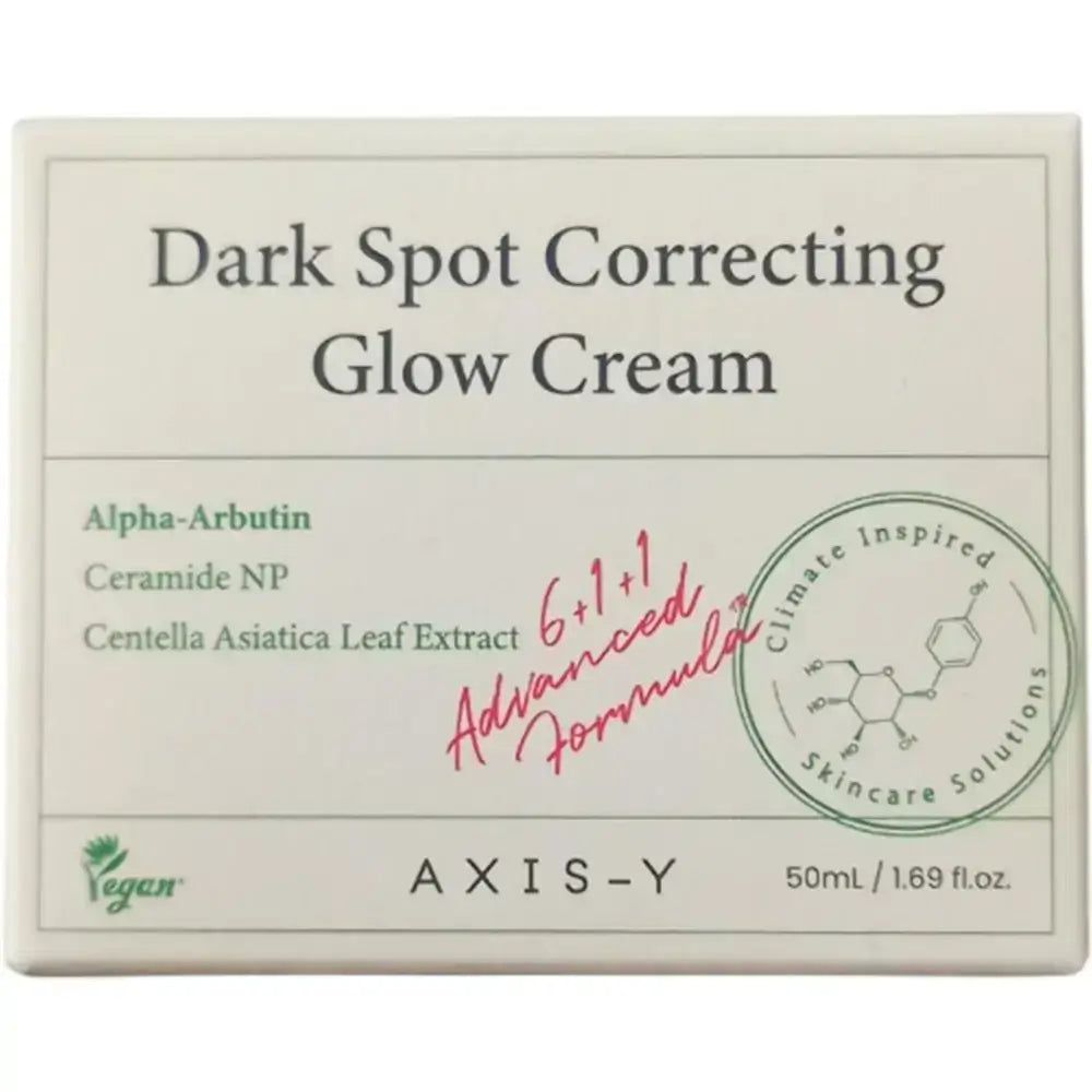 Verpackung der AXIS-Y Dark Spot Correcting Glow Cream mit Inhaltsstoffen und Siegeln.