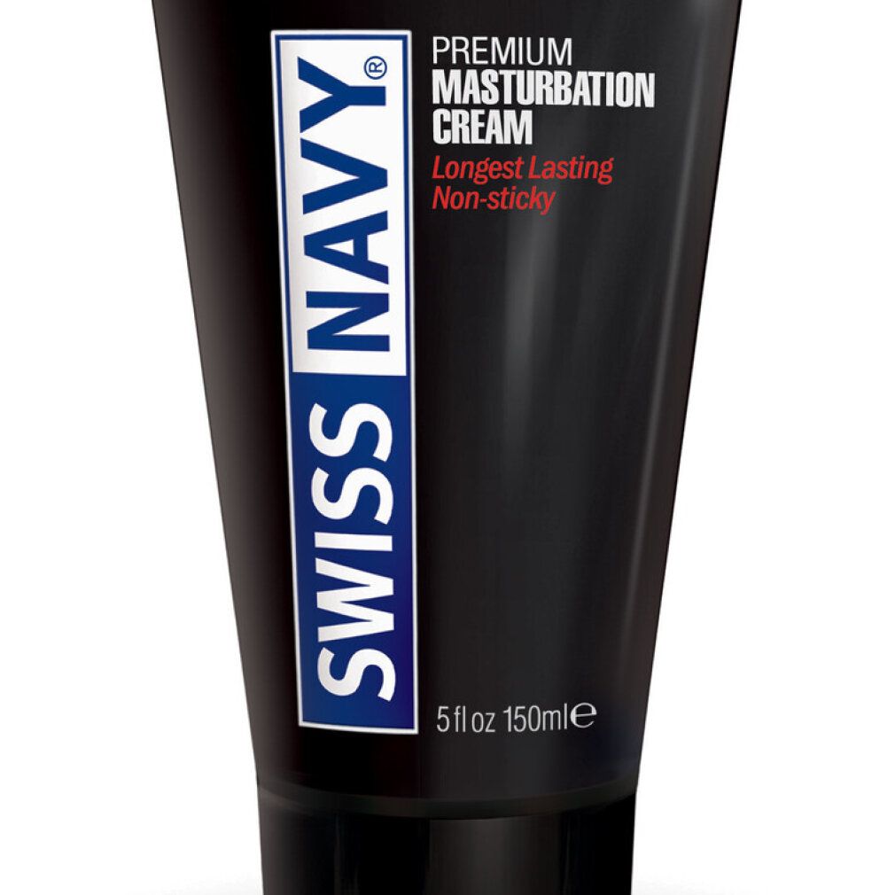 Nahaufnahme einer schwarzen Swiss Navy Premium Masturbation Cream Tube.