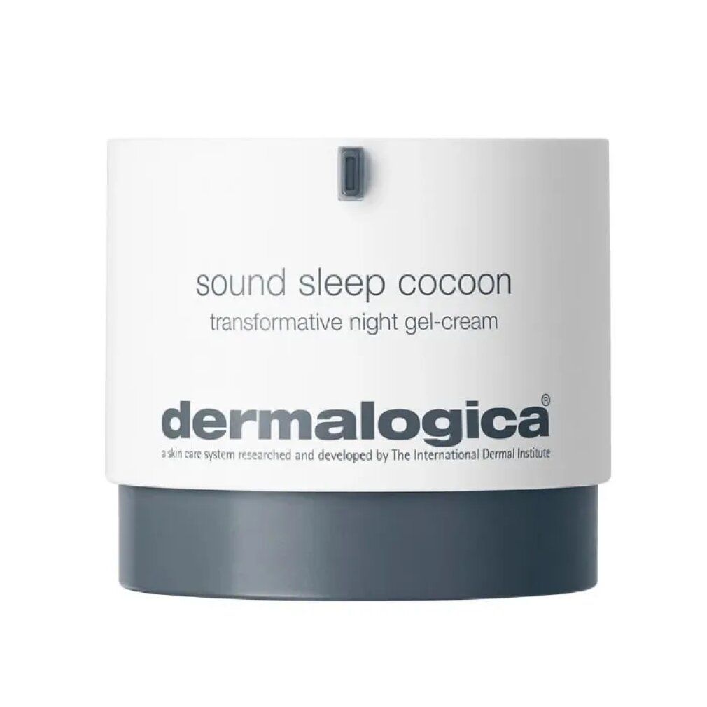 Zylinderförmige Dose mit weißem Deckel und grauem Boden. Aufschrift: sound sleep cocoon, Dermalogica.