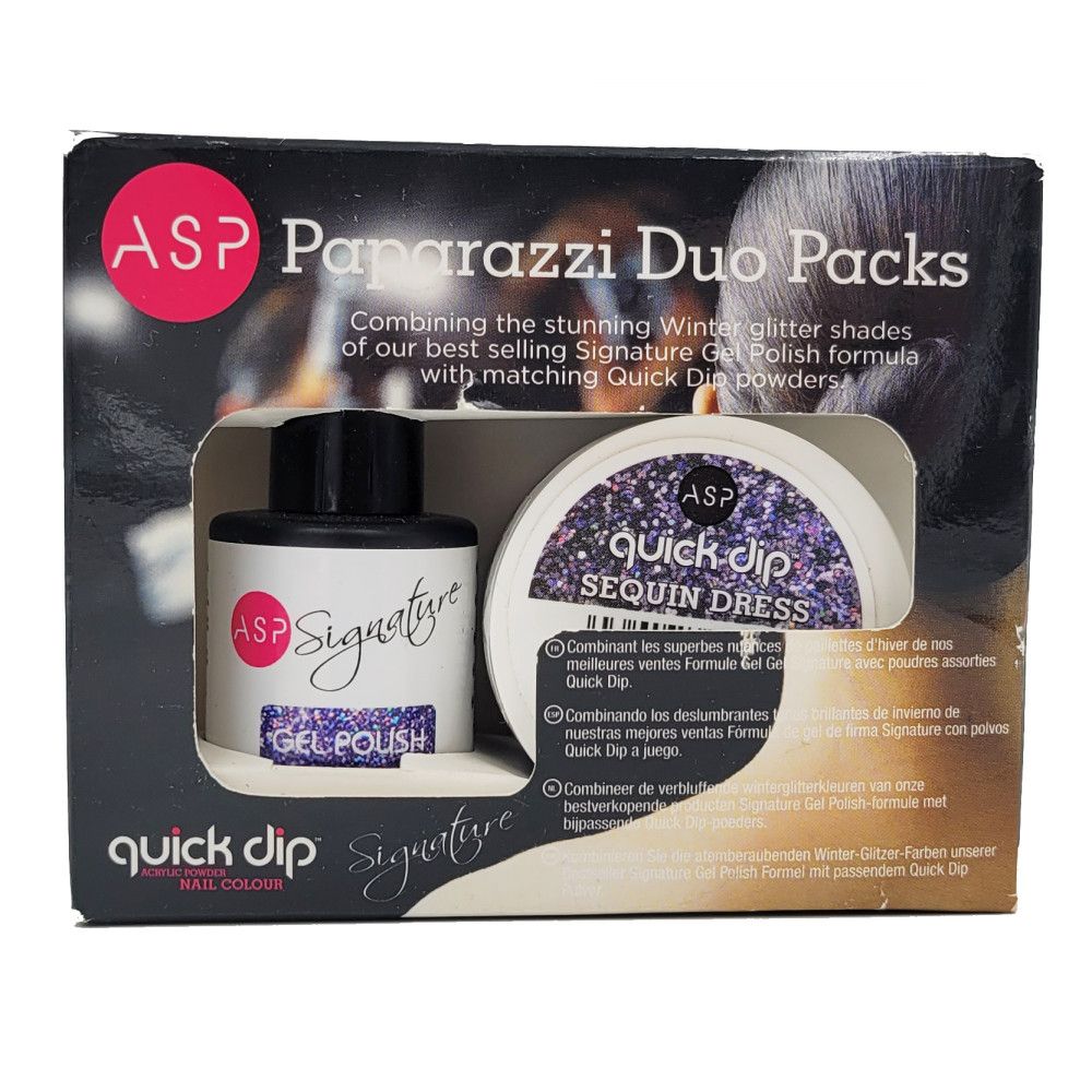 Verpackung mit Quick Dip und Signature Gel Polish. Produktnamen und Logo. Schwarzer Hintergrund mit Produktabbildung.