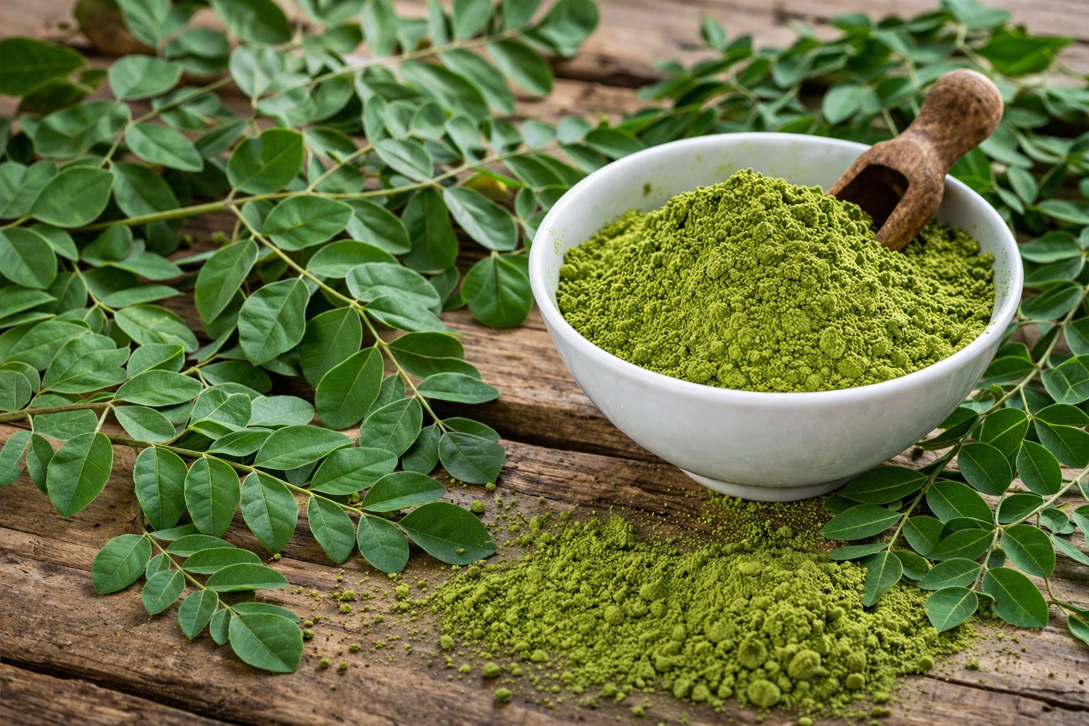 Weißer Teller mit Moringapulver, Holzschaufel und frischen Moringa-Blättern auf Holzoberfläche.