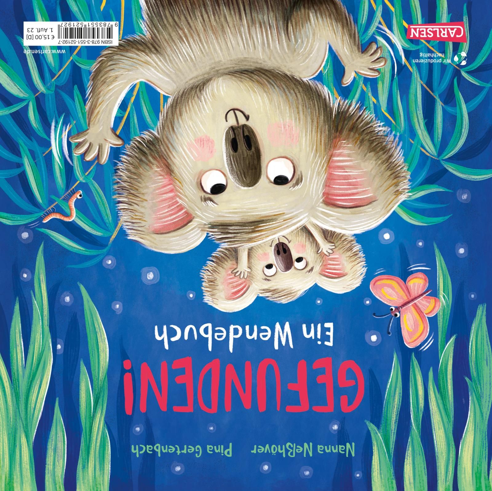 Buchcover mit Koala, Titel: Gefunden! Ein Wende-Buch. Autoren: Nanna Neßhöver, Pina Gertenbach. Verlag: Carlsen. Rückseite.