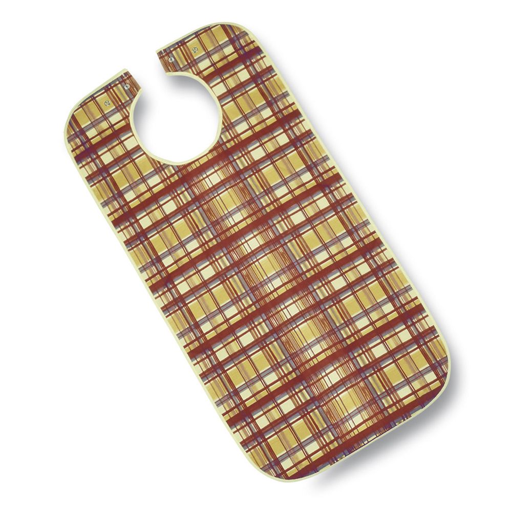 Latz mit braun-gelbem Karomuster. Halsöffnung mit Druckknöpfen. Rechteckige Form mit abgerundeten Ecken. Aus Polyester.