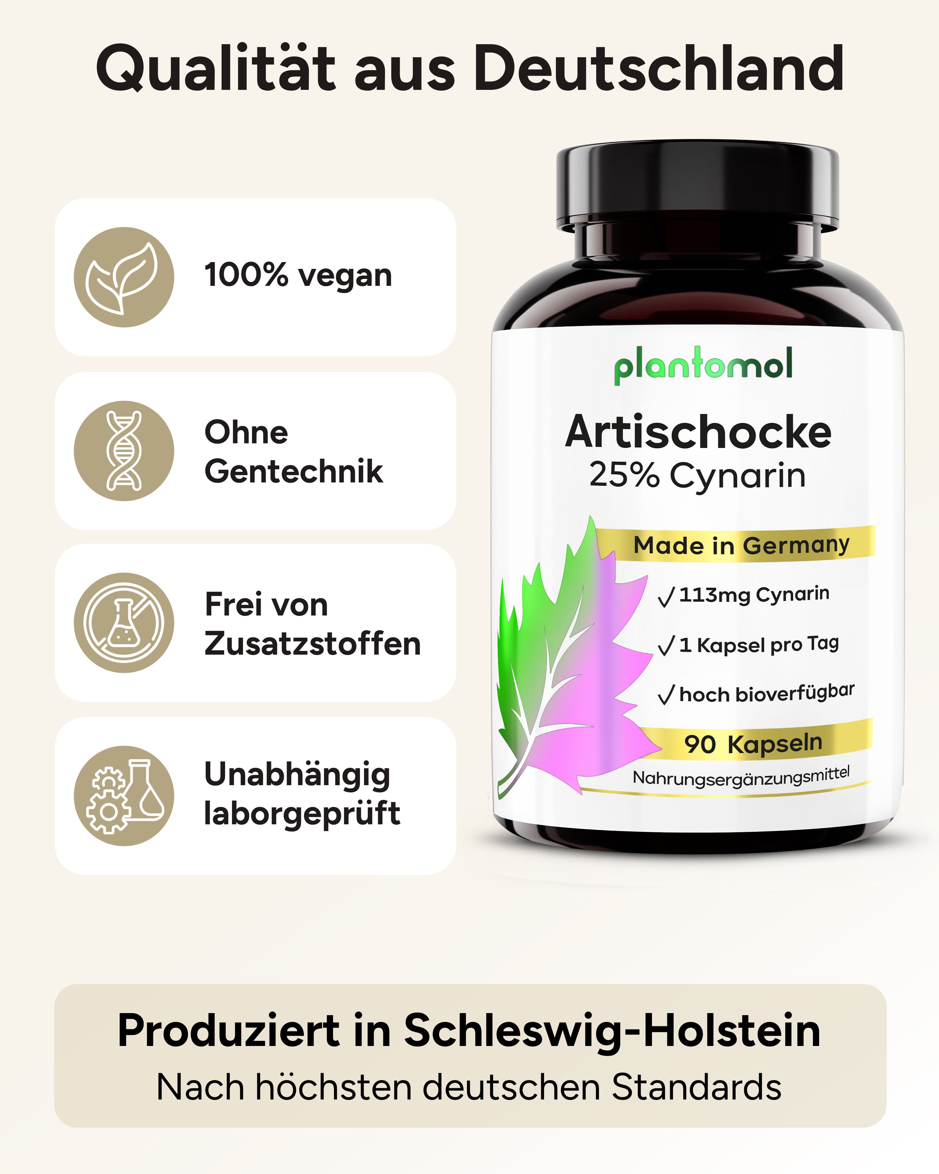 Produktflasche mit Etikett. Siegel: vegan, ohne Gentechnik, ohne Zusatzstoffe, laborgeprüft.