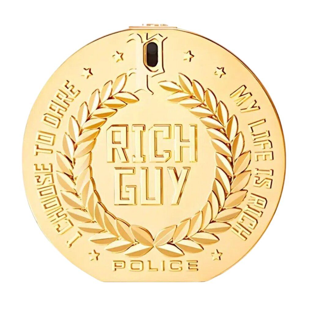 Goldfarbener Flakon. Aufschrift: RICH GUY, POLICE. Umrandet von Lorbeerzweigen und Sternen.